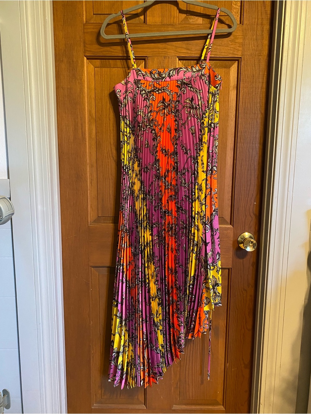 NWT Milly Irene Chain Asymmetrical Pleated Dress in Pink, Orange & Yellow. Size6